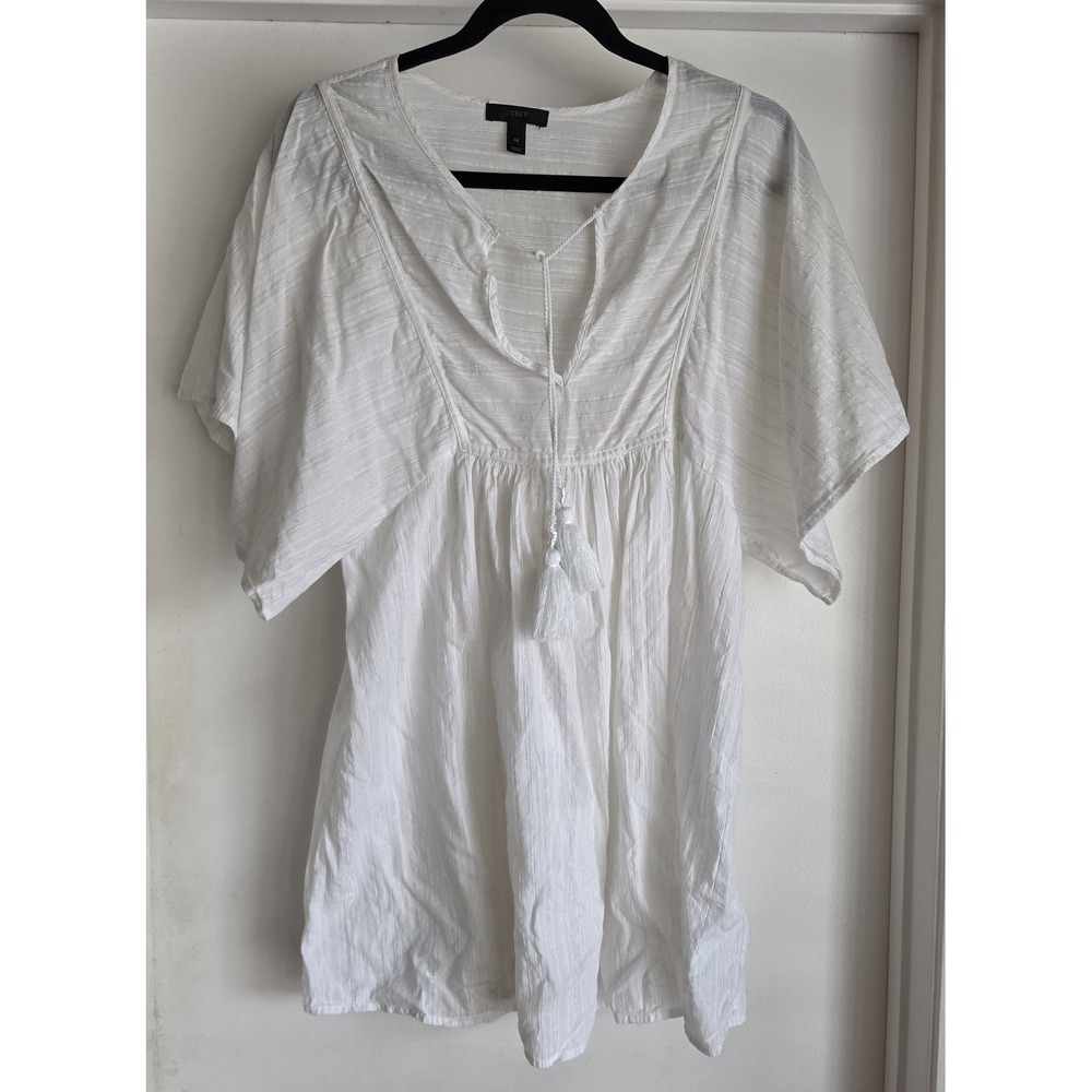 J.Crew Blouse XS White Striped Short Sleeve Cotton Boho Tunic Top Tassels